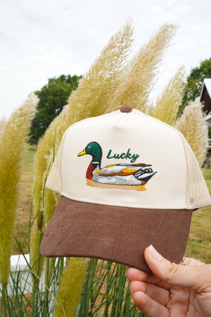 Lucky Duck - Brown Corduroy Trucker Hat by KenzKustomz — product view 8