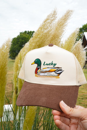 Lucky Duck - Brown Corduroy Trucker Hat by KenzKustomz — product view 7