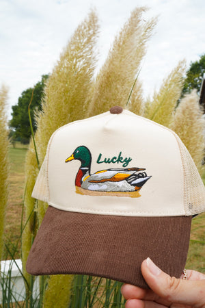 Lucky Duck - Brown Corduroy Trucker Hat by KenzKustomz — product view 6