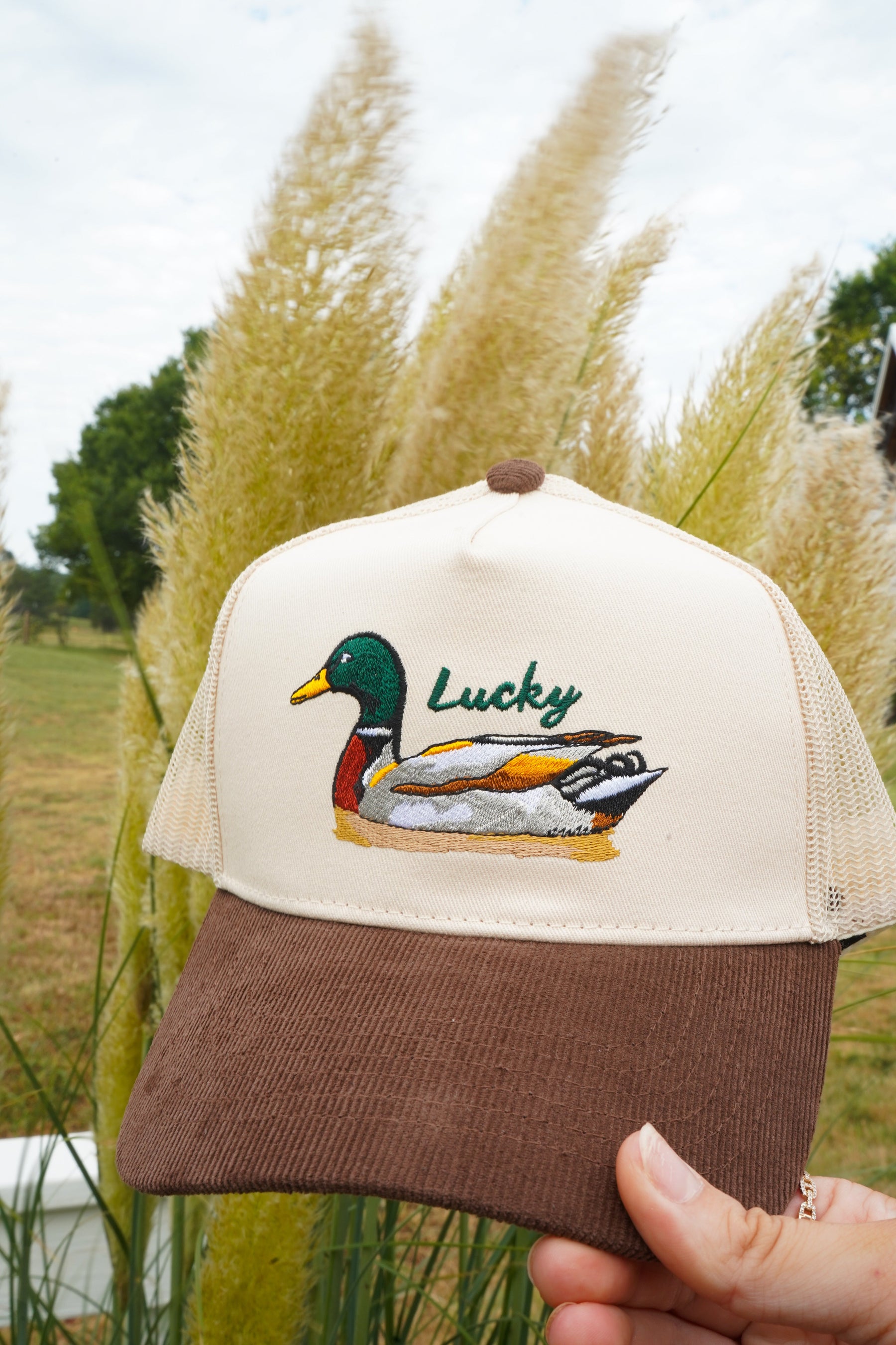 Lucky Duck - Brown Corduroy Trucker Hat by KenzKustomz — product view 5