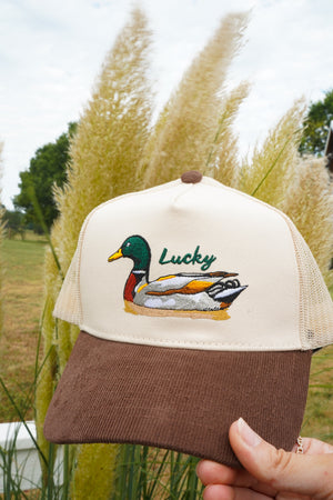 Lucky Duck - Brown Corduroy Trucker Hat by KenzKustomz — product view 5