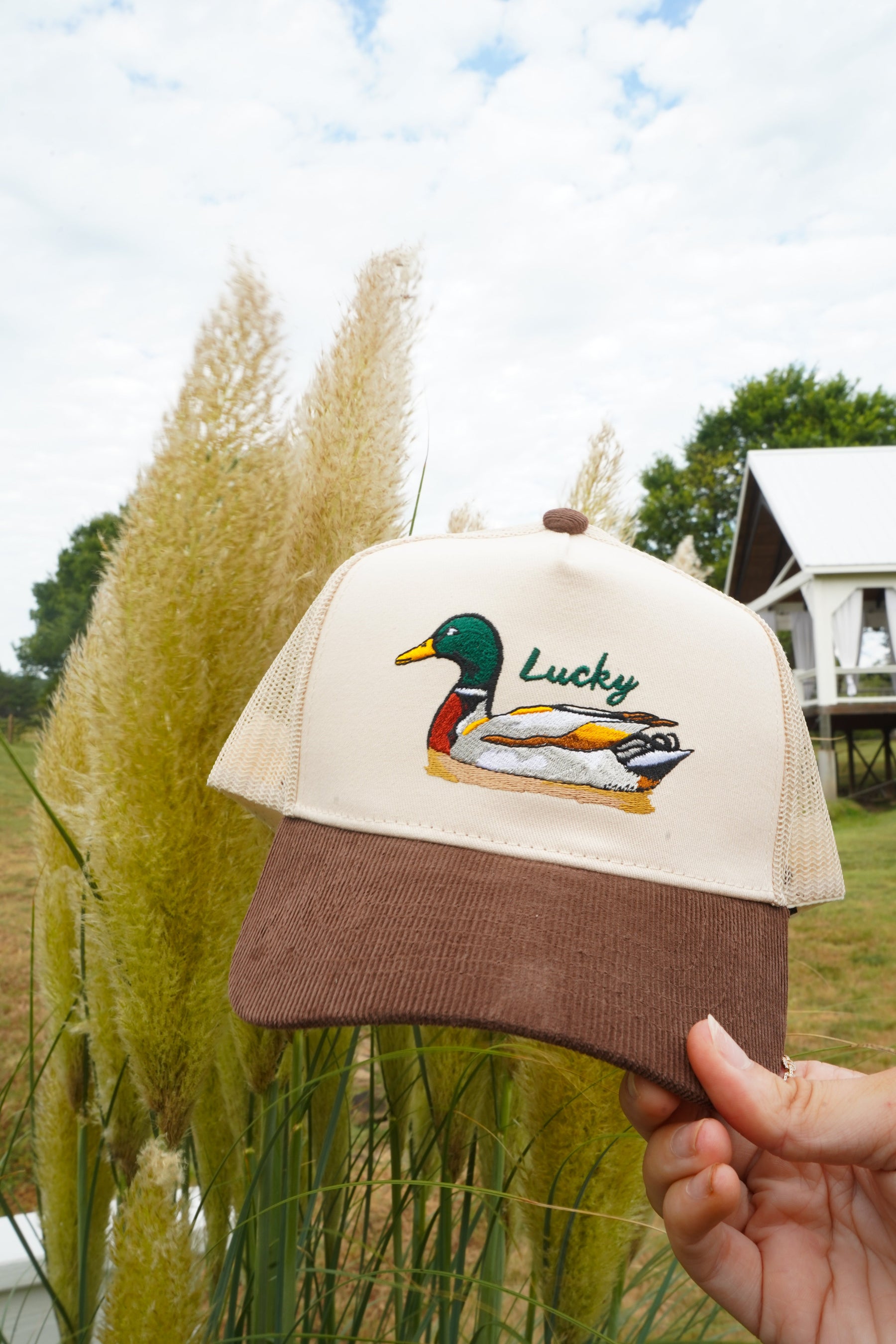 Lucky Duck - Brown Corduroy Trucker Hat by KenzKustomz — product view 4