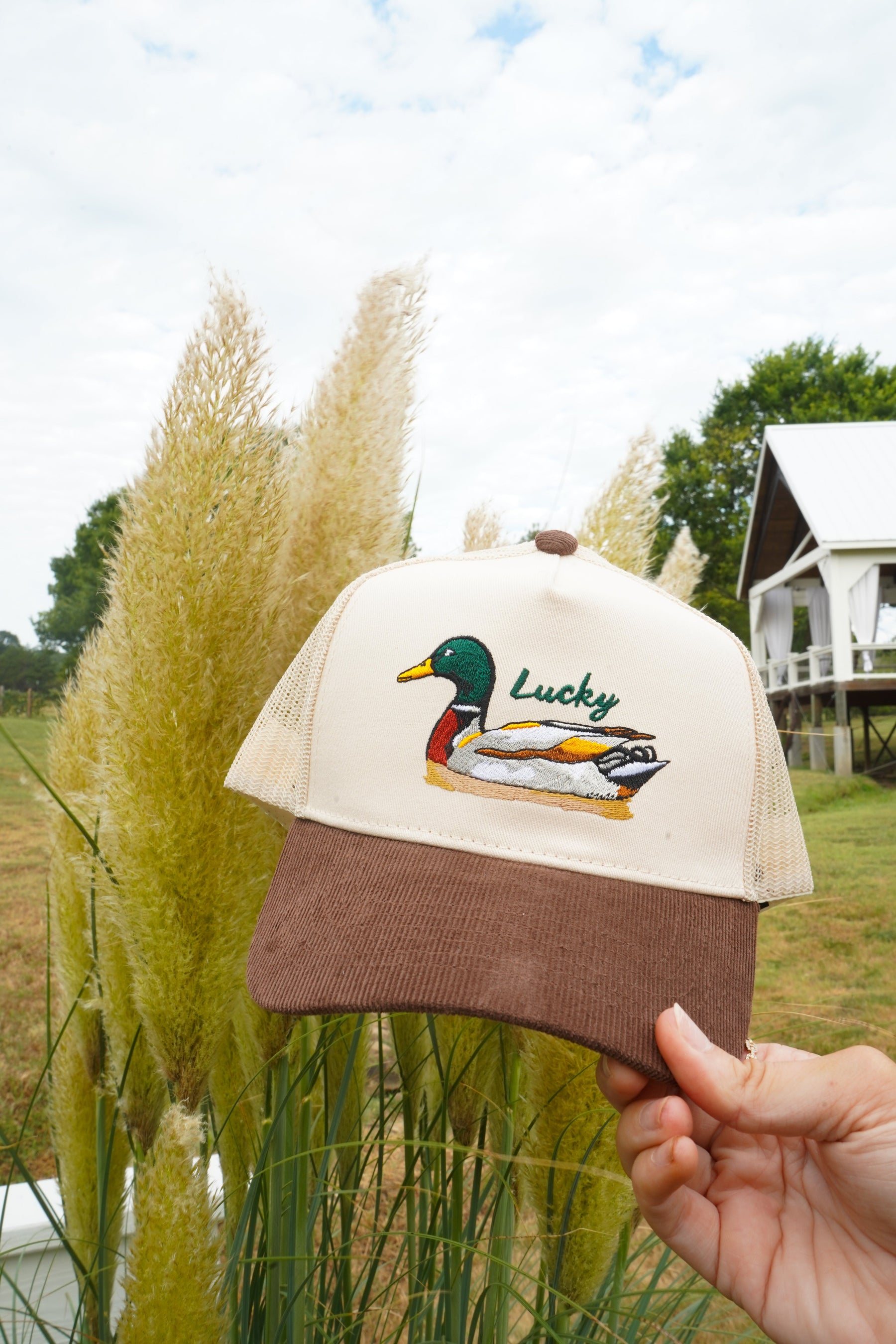 Lucky Duck - Brown Corduroy Trucker Hat by KenzKustomz — product view 3
