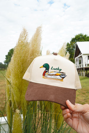Lucky Duck - Brown Corduroy Trucker Hat by KenzKustomz — product view 2