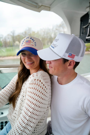 Boats & Beers - White Vintage Trucker Hat by KenzKustomz, Southern lifestyle apparel detail photo 5