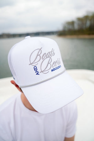 Boats & Beers - White Vintage Trucker Hat by KenzKustomz, Southern lifestyle apparel detail photo 3