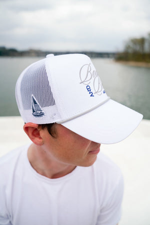 Boats & Beers - White Vintage Trucker Hat by KenzKustomz, Southern lifestyle apparel detail photo 4