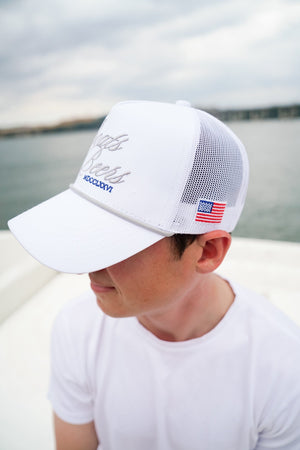 Boats & Beers - White Vintage Trucker Hat by KenzKustomz, Southern lifestyle apparel detail photo 6
