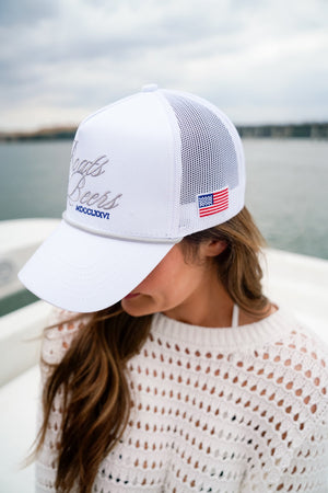 Boats & Beers - White Vintage Trucker Hat by KenzKustomz, Southern lifestyle apparel detail photo 9