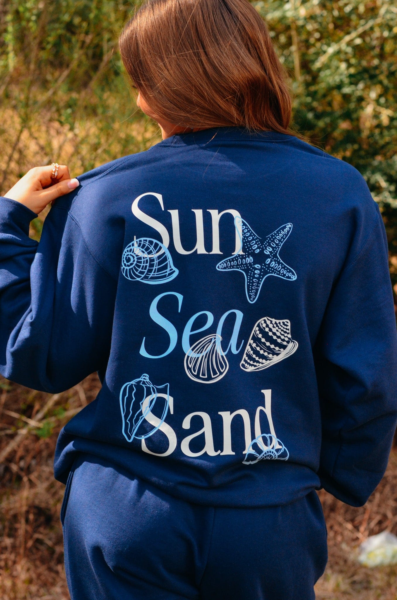 Sun Sea Sand Navy Sweatshirt by Southern Bliss Company, Southern lifestyle apparel main product photo