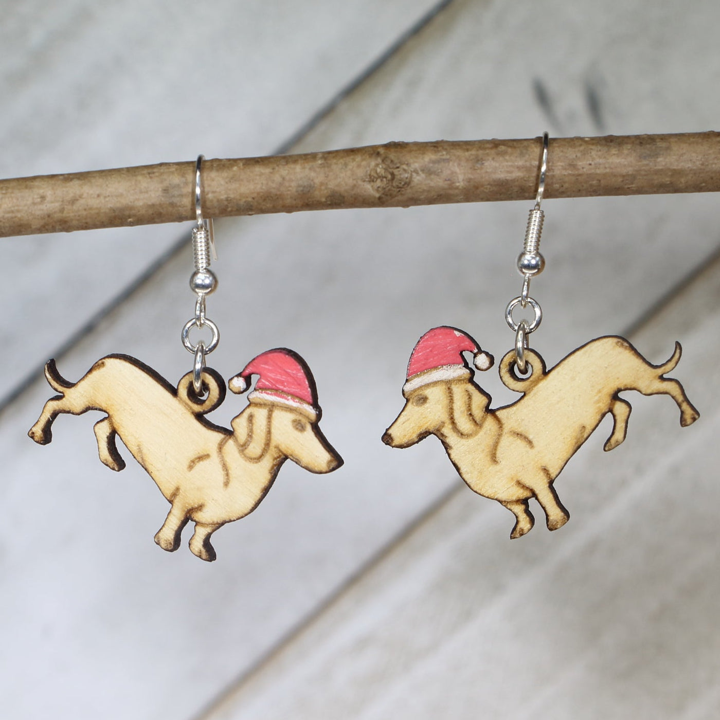 Dachshund Santa Hat Wooden Dangle Earrings | Christmas Dog Jewelry detail view by Cate's Concepts, LLC