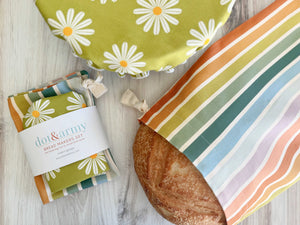 Daisy and Stripe Bread Makers Set- bread bag and cover by Dot and Army, handmade leather goods main product photo
