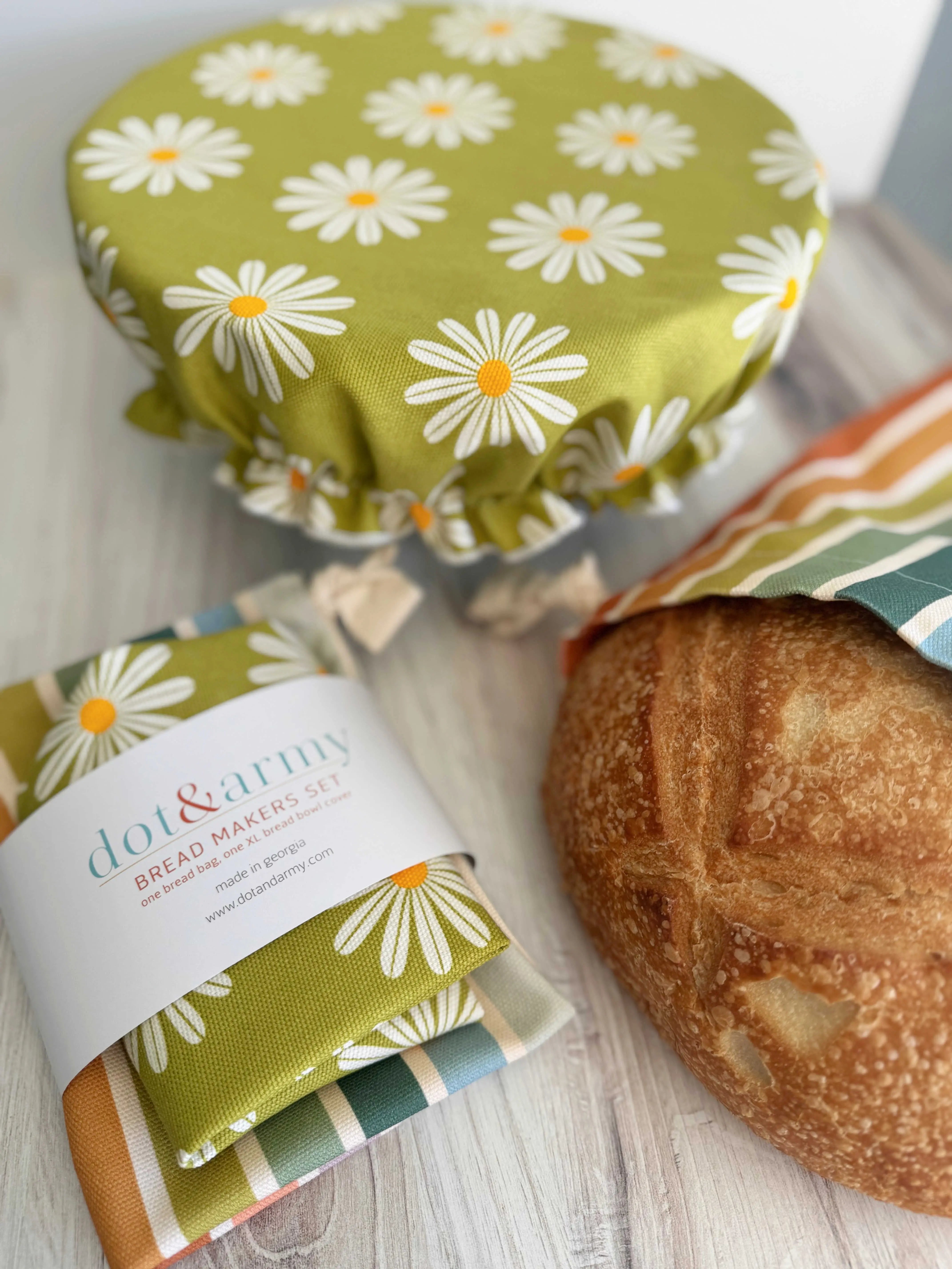 Daisy and Stripe Bread Makers Set- bread bag and cover by Dot and Army, handmade leather goods detail photo 2