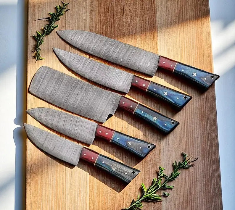 Damascus Kitchen Knife Set – 5-Piece Full Tang Forged Blades by Damascus Knife Store, Damascus knife main product photo