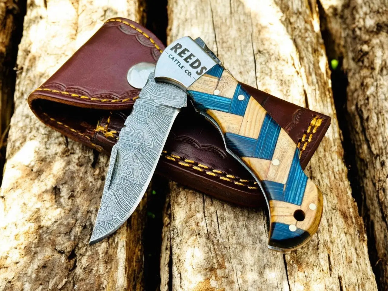 Damascus Pocket Knife with 3" Folding Blade & Olivewood Handle by Damascus Knife Store, Damascus knife main product photo