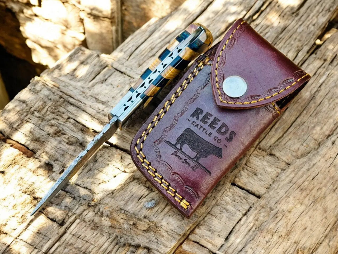 Damascus Pocket Knife with 3" Folding Blade & Olivewood Handle by Damascus Knife Store, Damascus knife detail photo 3