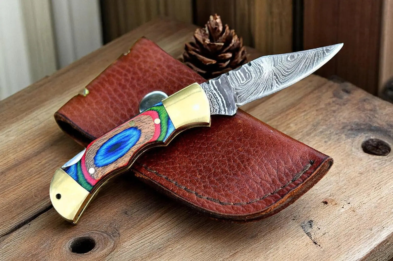 Damascus Pocket Knife with Exotic Wood & Brass Bolster by Damascus Knife Store, Damascus knife main product photo