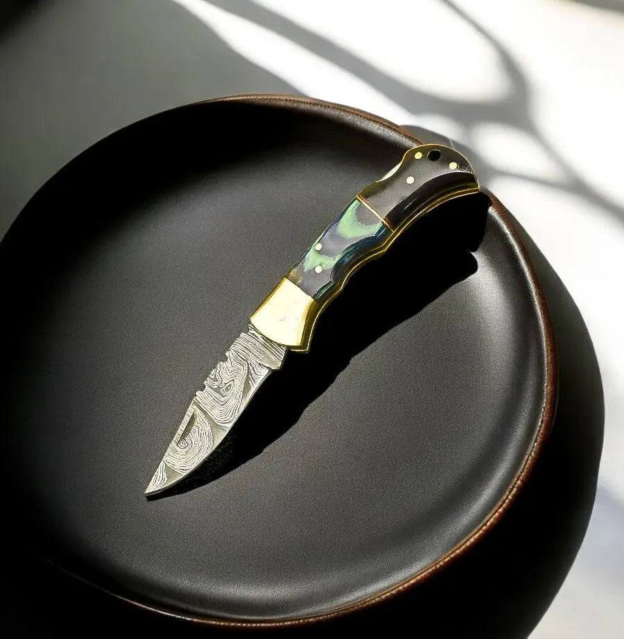 Damascus Pocket Knife with Exotic Wood & Horn Handle by Damascus Knife Store, Damascus knife main product photo