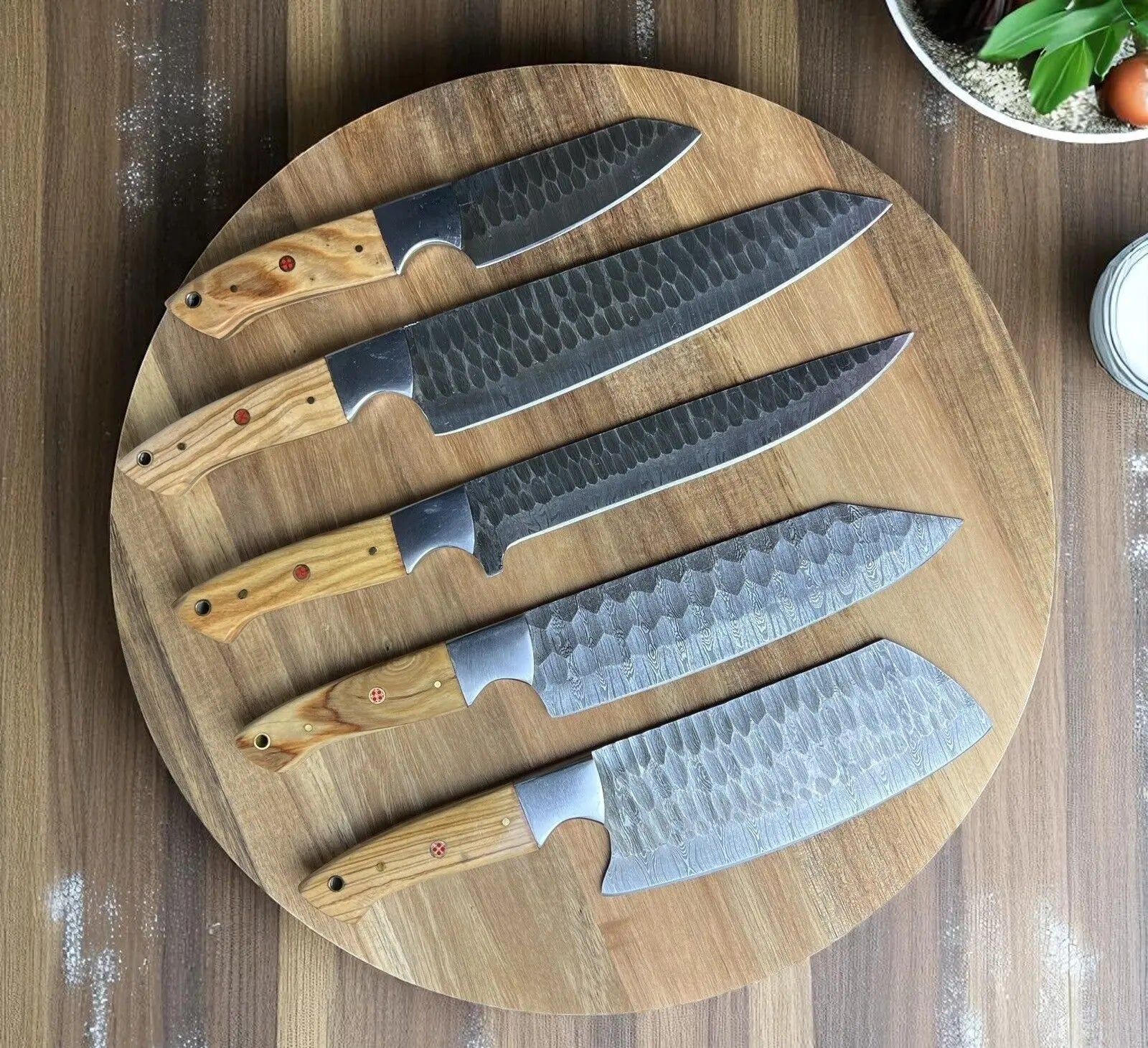 Damascus Steel Knife Set – 5-Piece Full Tang Forged Collection by Damascus Knife Store, Damascus knife main product photo
