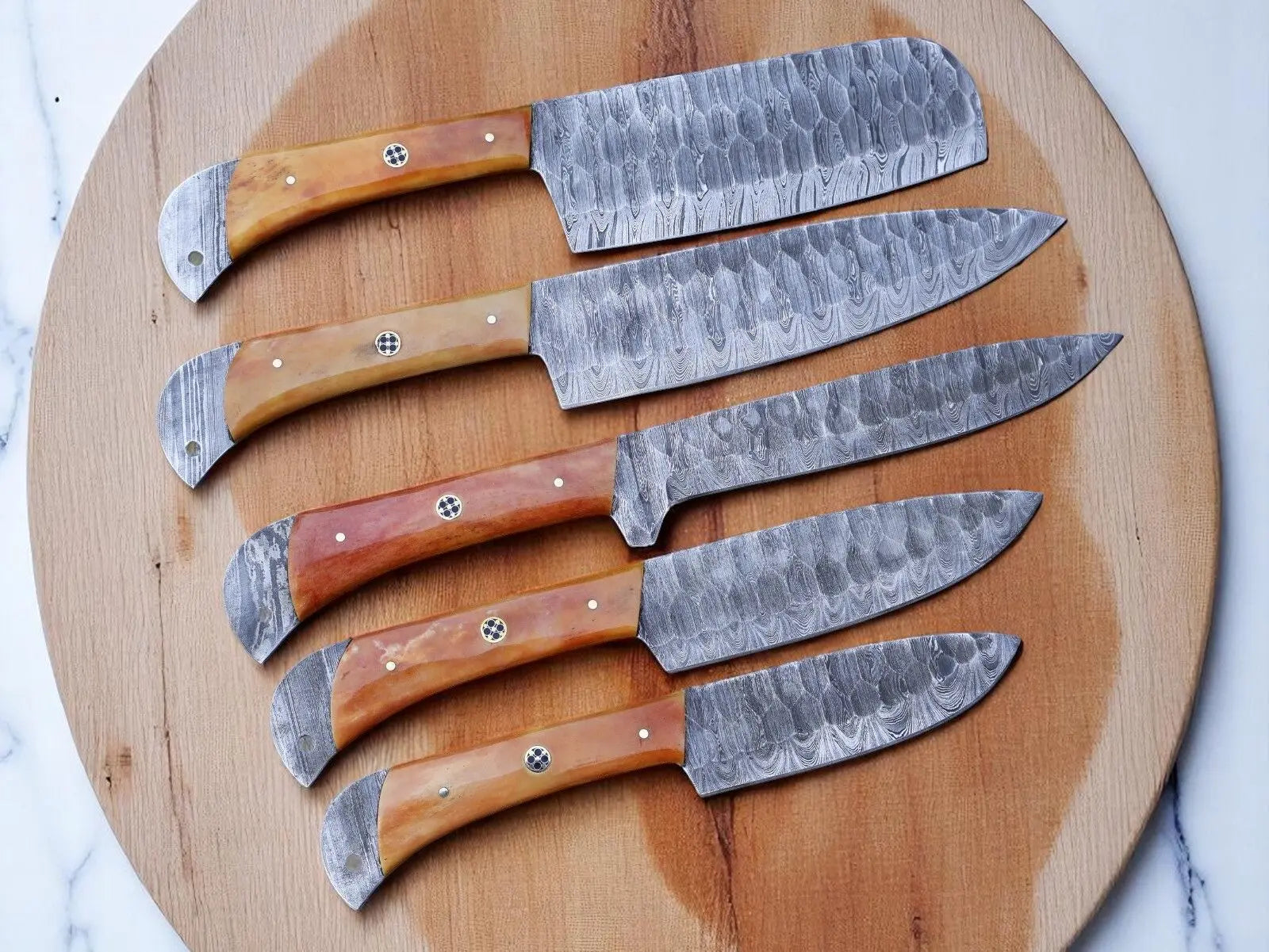 Damascus Steel Knife Sets – 5-Piece Full Tang Forged Blades by Damascus Knife Store, Damascus knife main product photo