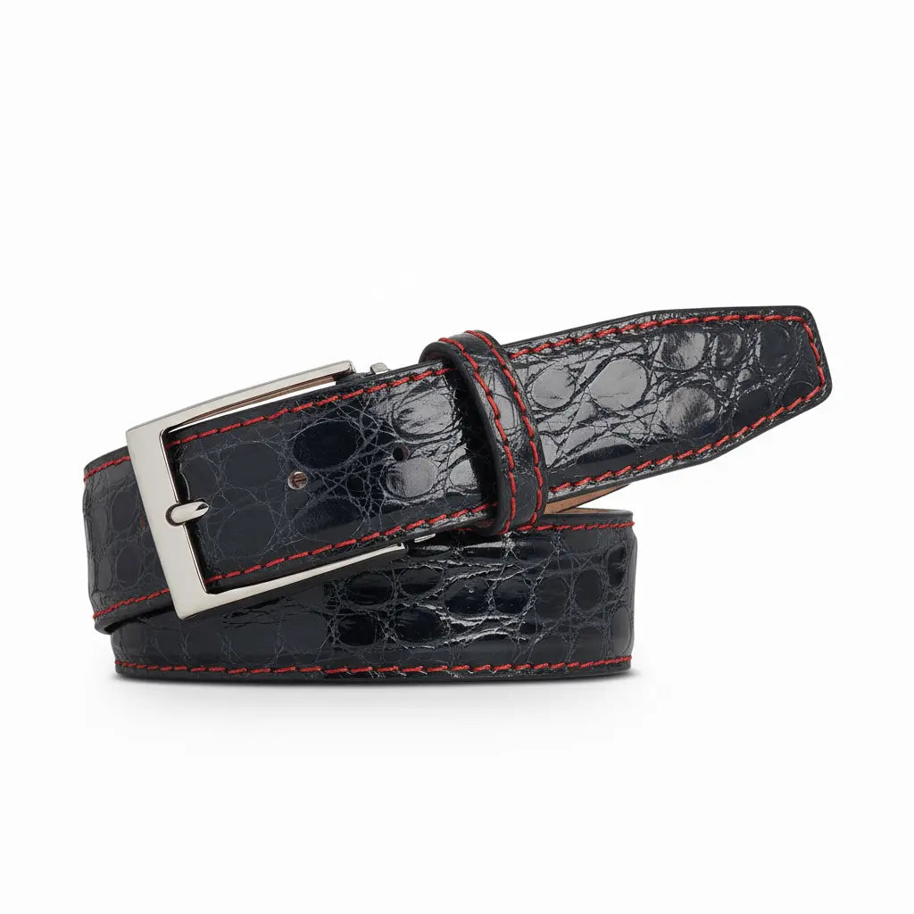 Dark Gray Caiman Crocodile Leather Belt by Roger Ximenez: Bespoke Belts and Leather Accessories, handmade leather goods detail photo 2
