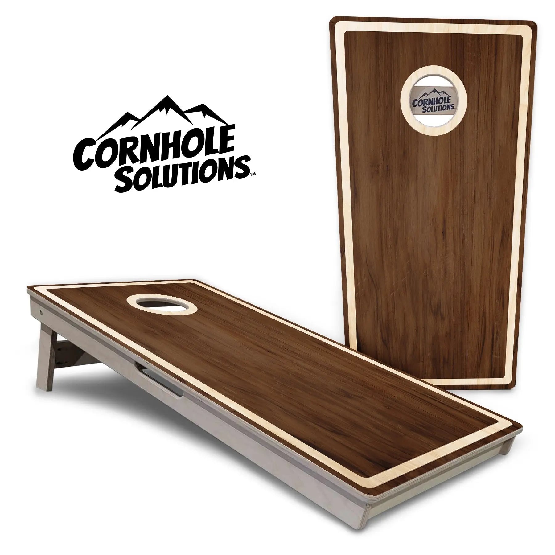 Dark Wood Natural Border Cornhole Boards - Professional Tournament Series by Cornhole Solutions, custom cornhole board main product photo