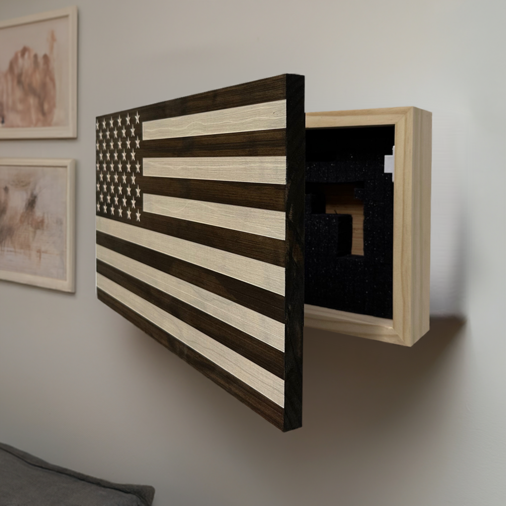 American Flag Decorative & Secure Wall-Mounted Gun Cabinet (Dark Walnut) by Bellewood Designs, Southern home decor detail photo 2