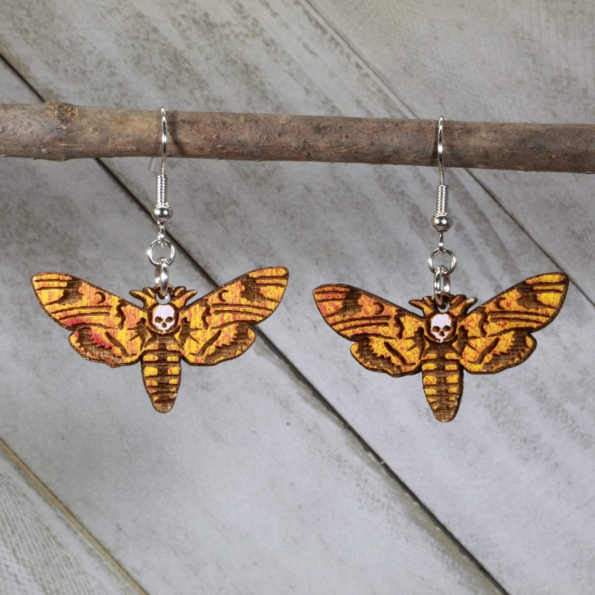 Death Head Hawkmoth Wooden Dangle Earrings | Gothic Insect Jewelry