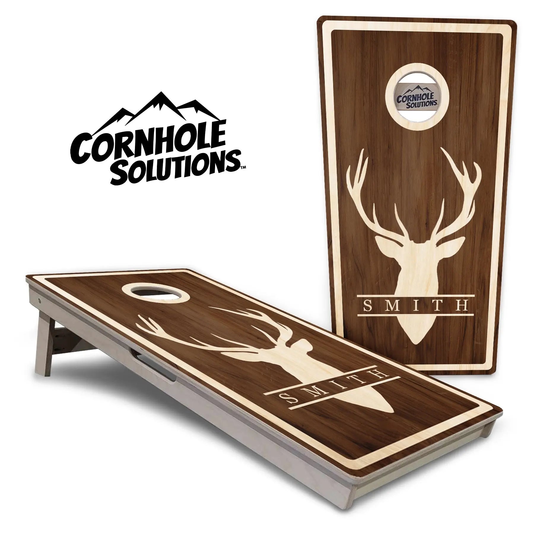 Deer Head Name Cornhole Boards - Professional Tournament Series - Personalized by Cornhole Solutions, custom cornhole board main product photo