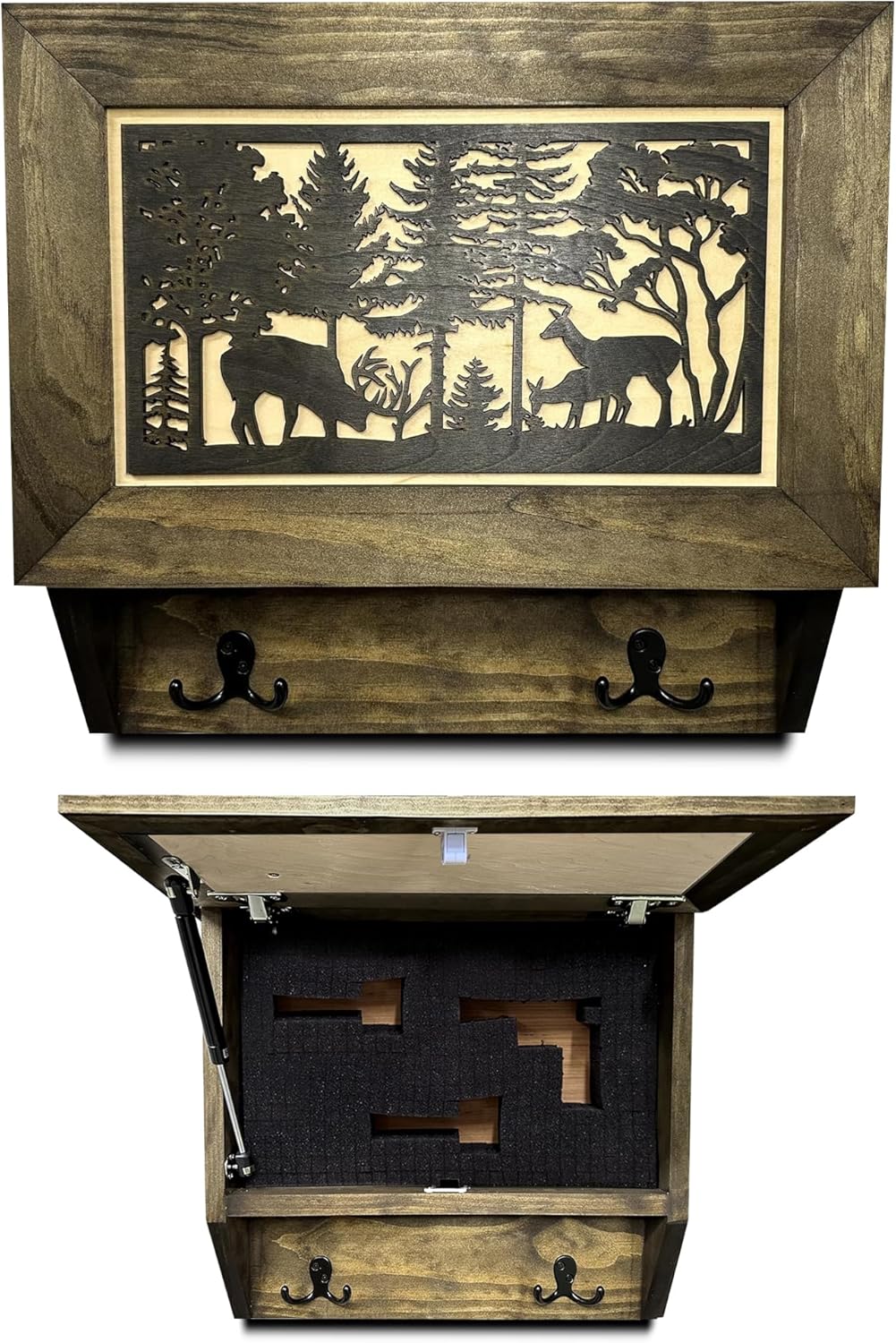 Gun Concealment Furniture - Deer Hunter Coat Rack Hidden Wall Safe with Hooks for Coats, Bags, & Hats - Quick Access Hidden Gun Storage - Wood Gun Cab by Bellewood Designs