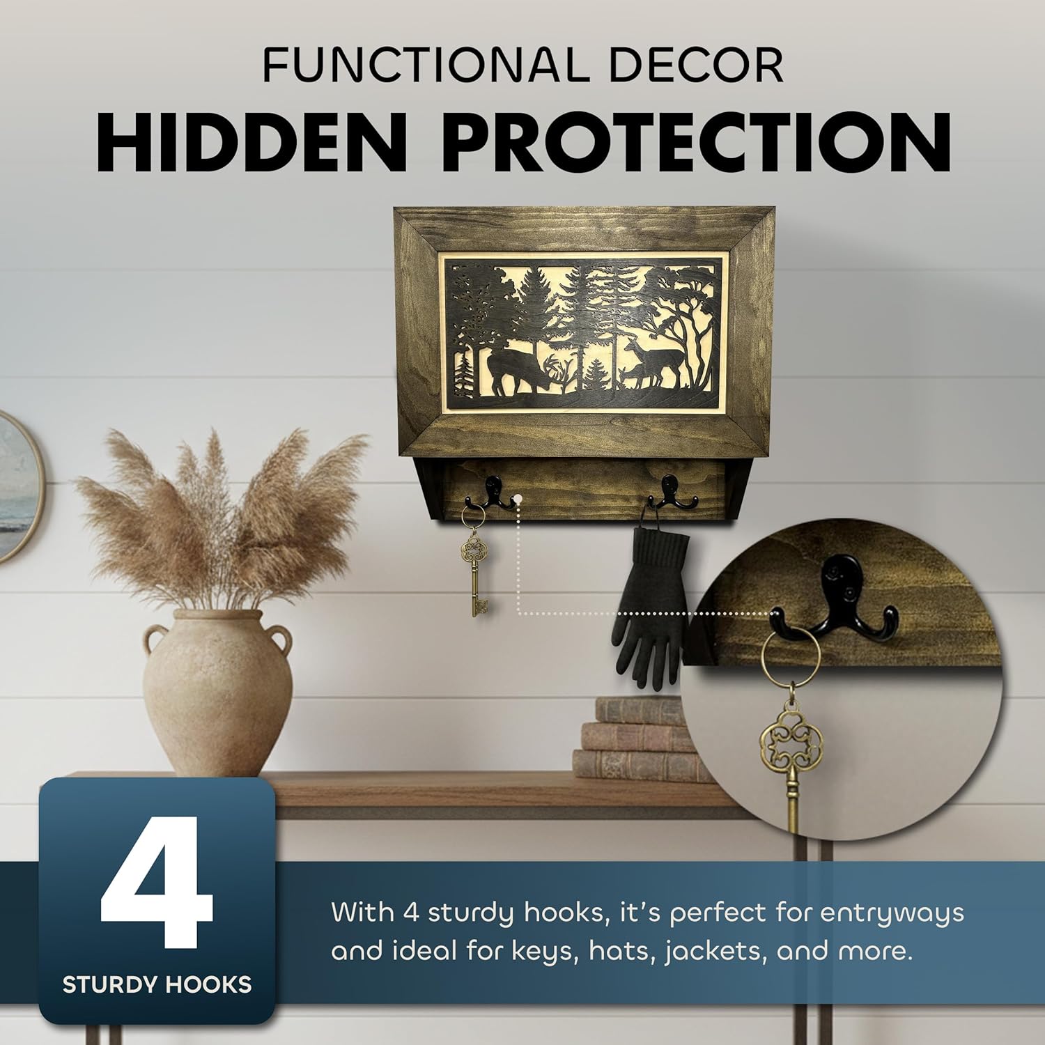 Gun Concealment Furniture - Deer Hunter Coat Rack Hidden Wall Safe with Hooks for Coats, Bags, & Hats - Quick Access Hidden Gun Storage - Wood Gun Cab by Bellewood Designs