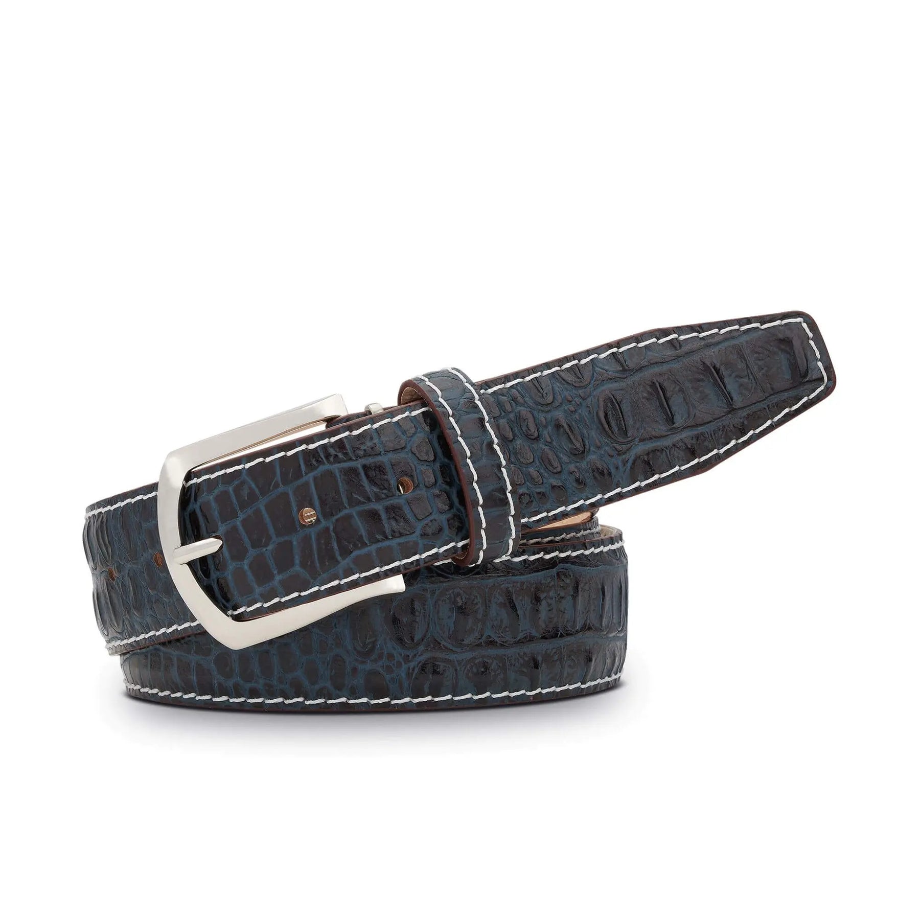 Denim Mock Croc Leather Belt by Roger Ximenez: Bespoke Belts and Leather Accessories, handmade leather goods detail photo 3