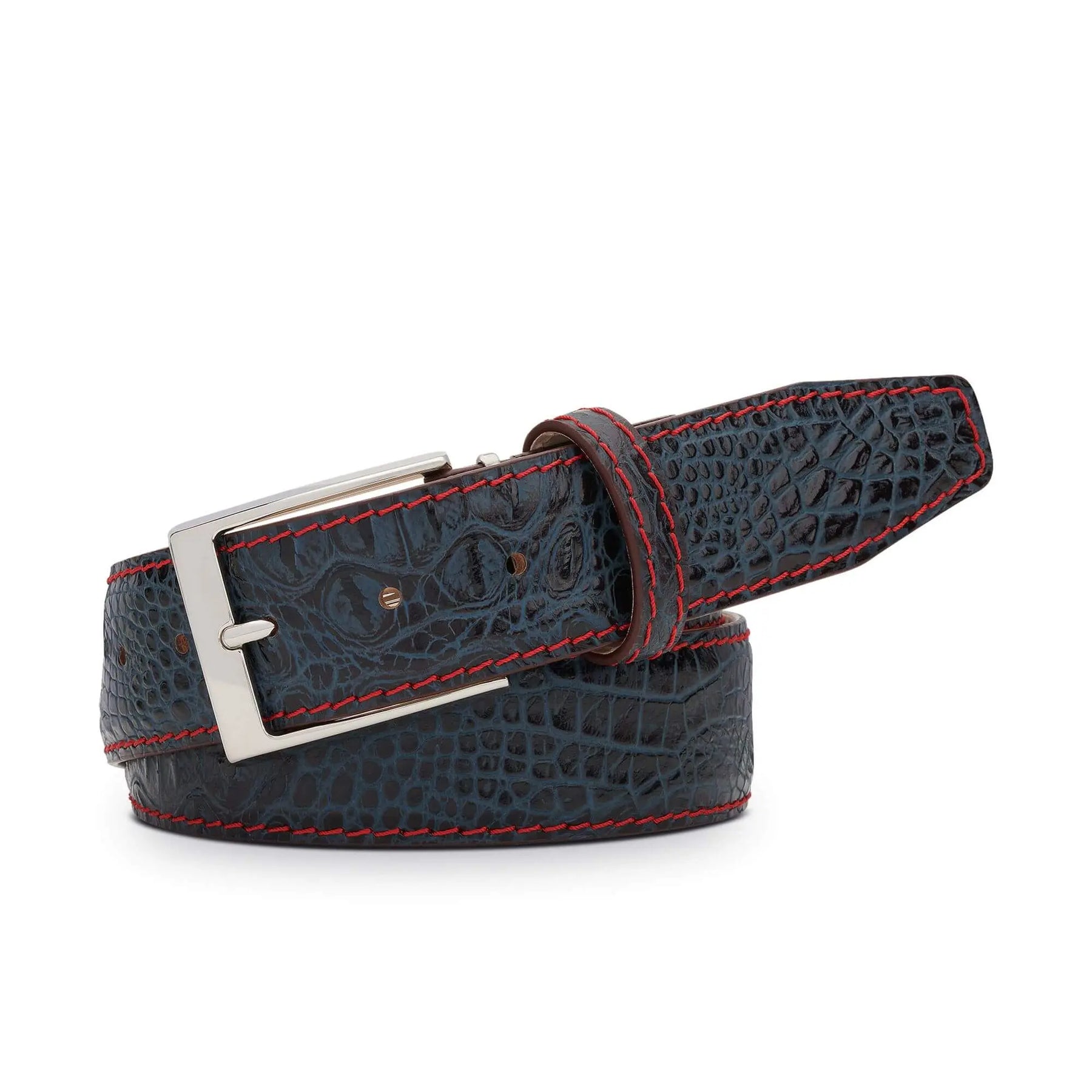 Denim Mock Croc Leather Belt by Roger Ximenez: Bespoke Belts and Leather Accessories, handmade leather goods detail photo 4