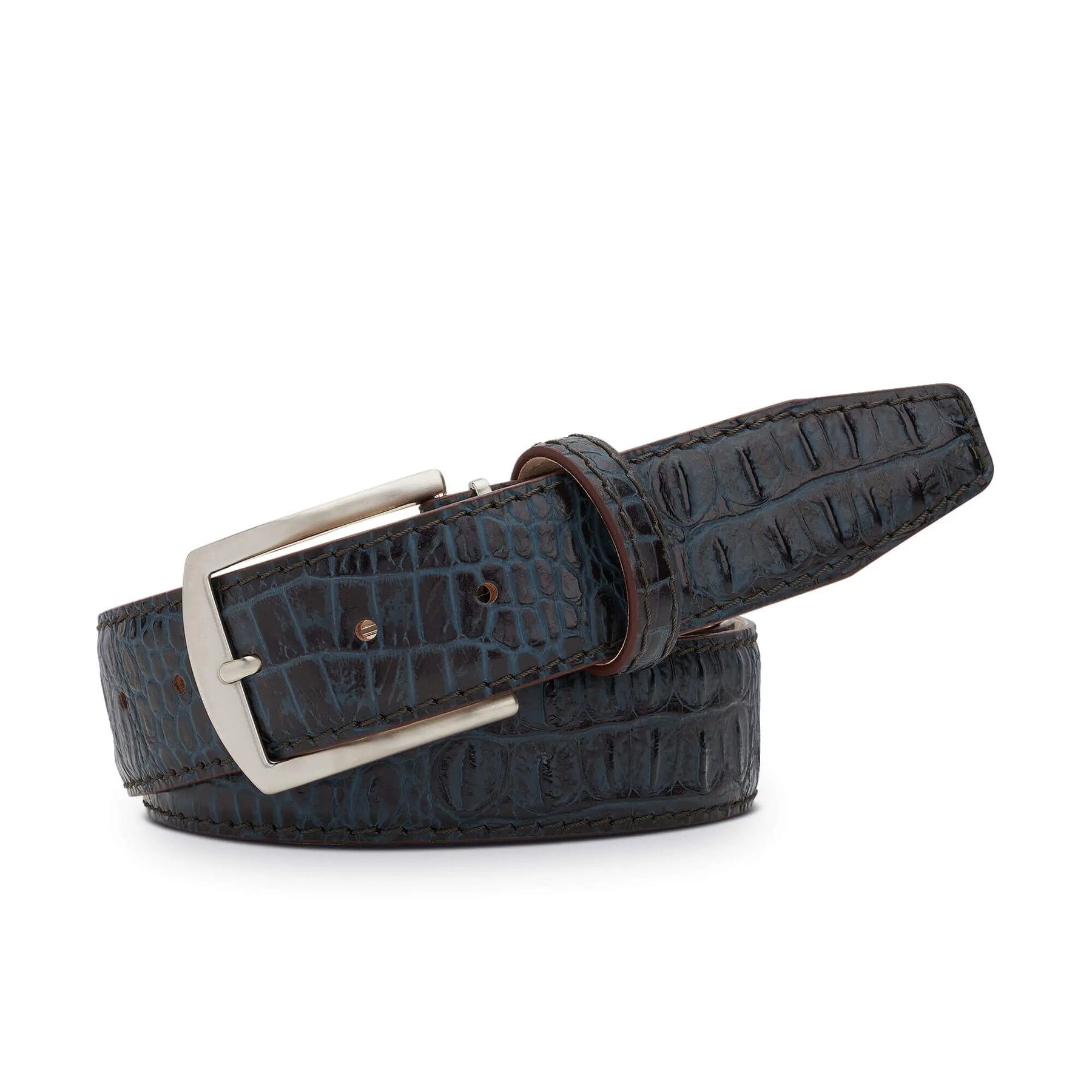 Denim Mock Croc Leather Belt by Roger Ximenez: Bespoke Belts and Leather Accessories, handmade leather goods detail photo 5