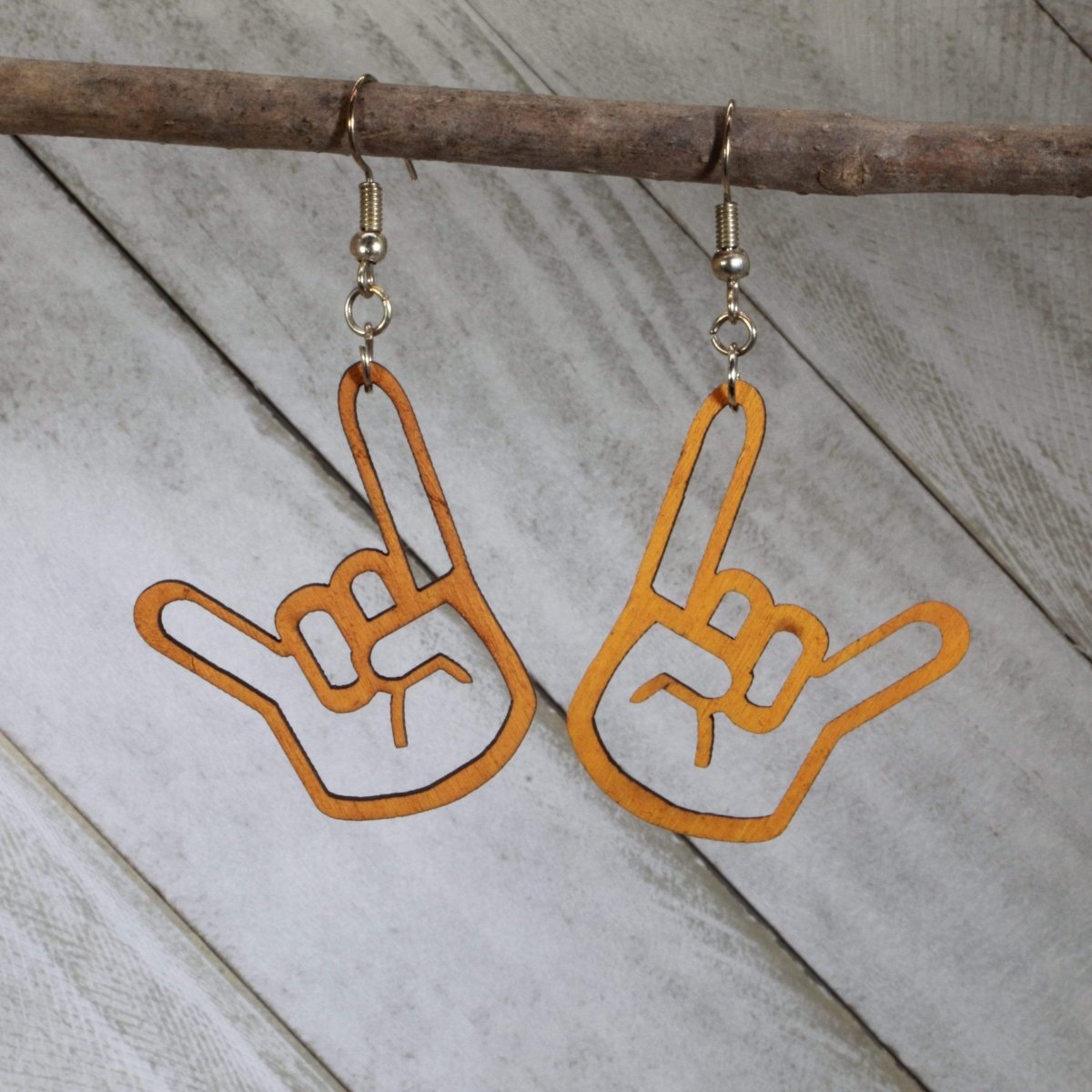 Devil Hand Wooden Dangle Earrings | Gothic Rock Jewelry by Cate's Concepts, LLC
