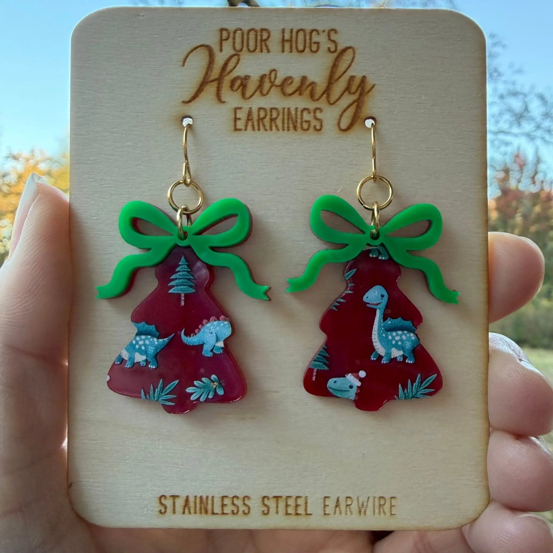 Dinosaur Christmas Tree Earrings by Poor Hog Customs, handmade jewelry main product photo