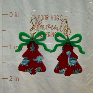 Dinosaur Christmas Tree Earrings by Poor Hog Customs, handmade jewelry detail photo 4