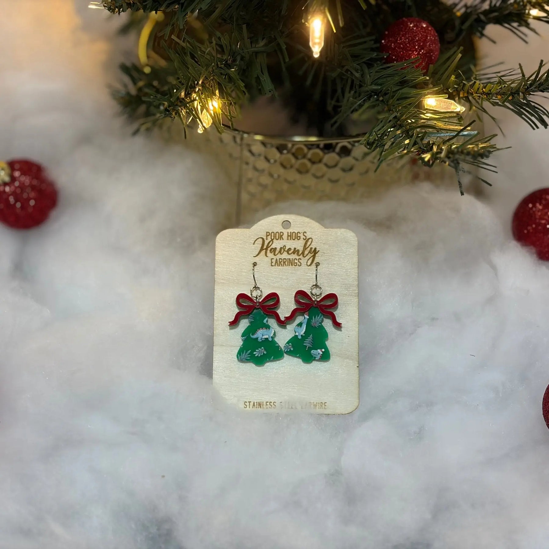 Dinosaur Christmas Tree Earrings by Poor Hog Customs, handmade jewelry detail photo 7