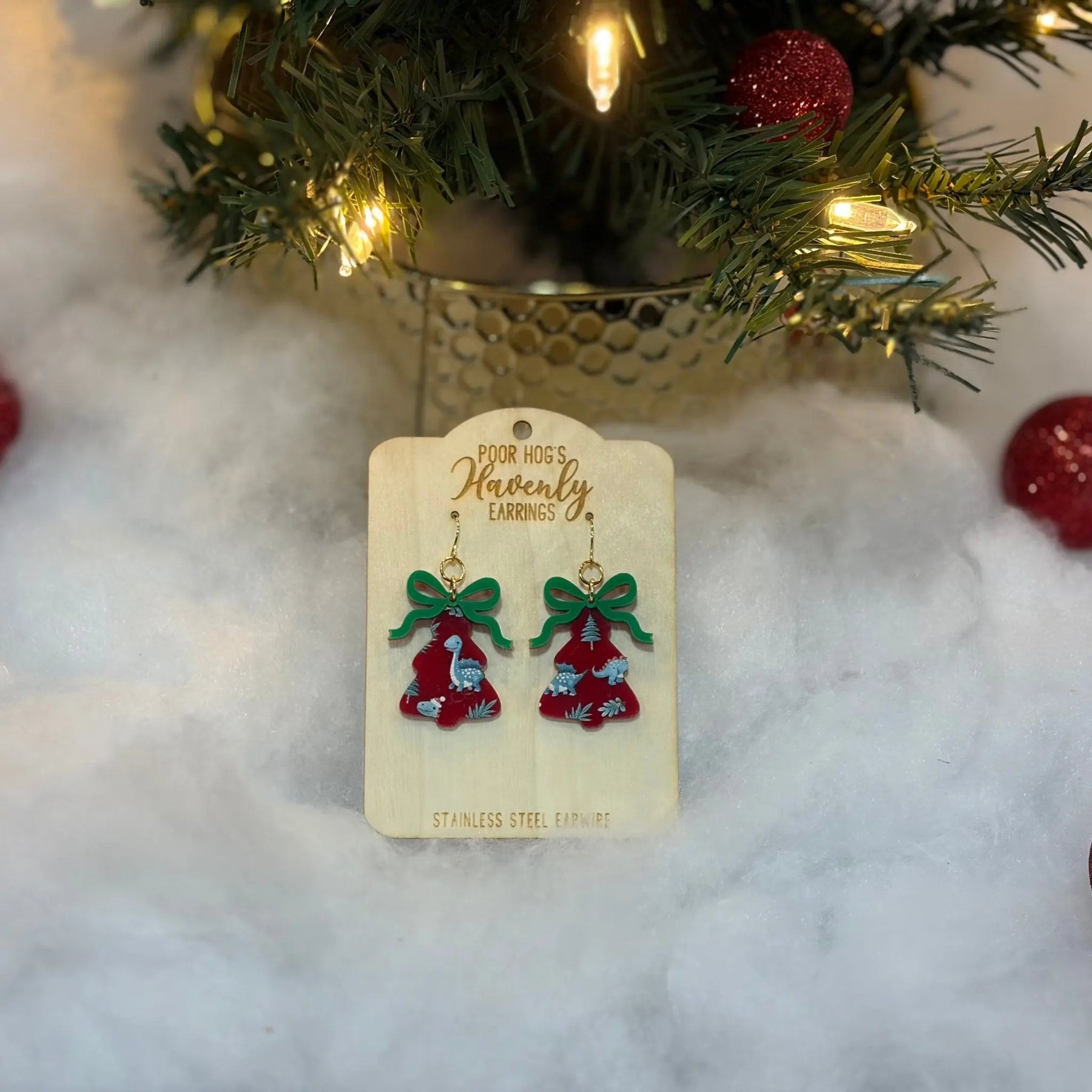 Dinosaur Christmas Tree Earrings by Poor Hog Customs, handmade jewelry detail photo 8