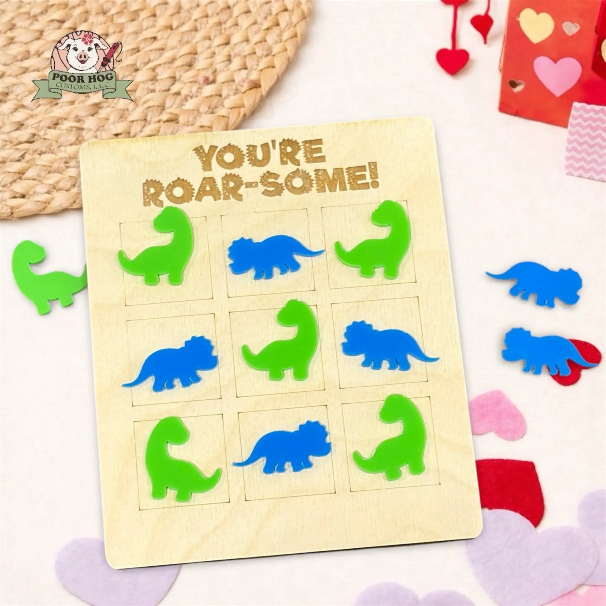 Dinosaur Tic Tac Toe Valentine Game by Poor Hog Customs, board games main product photo