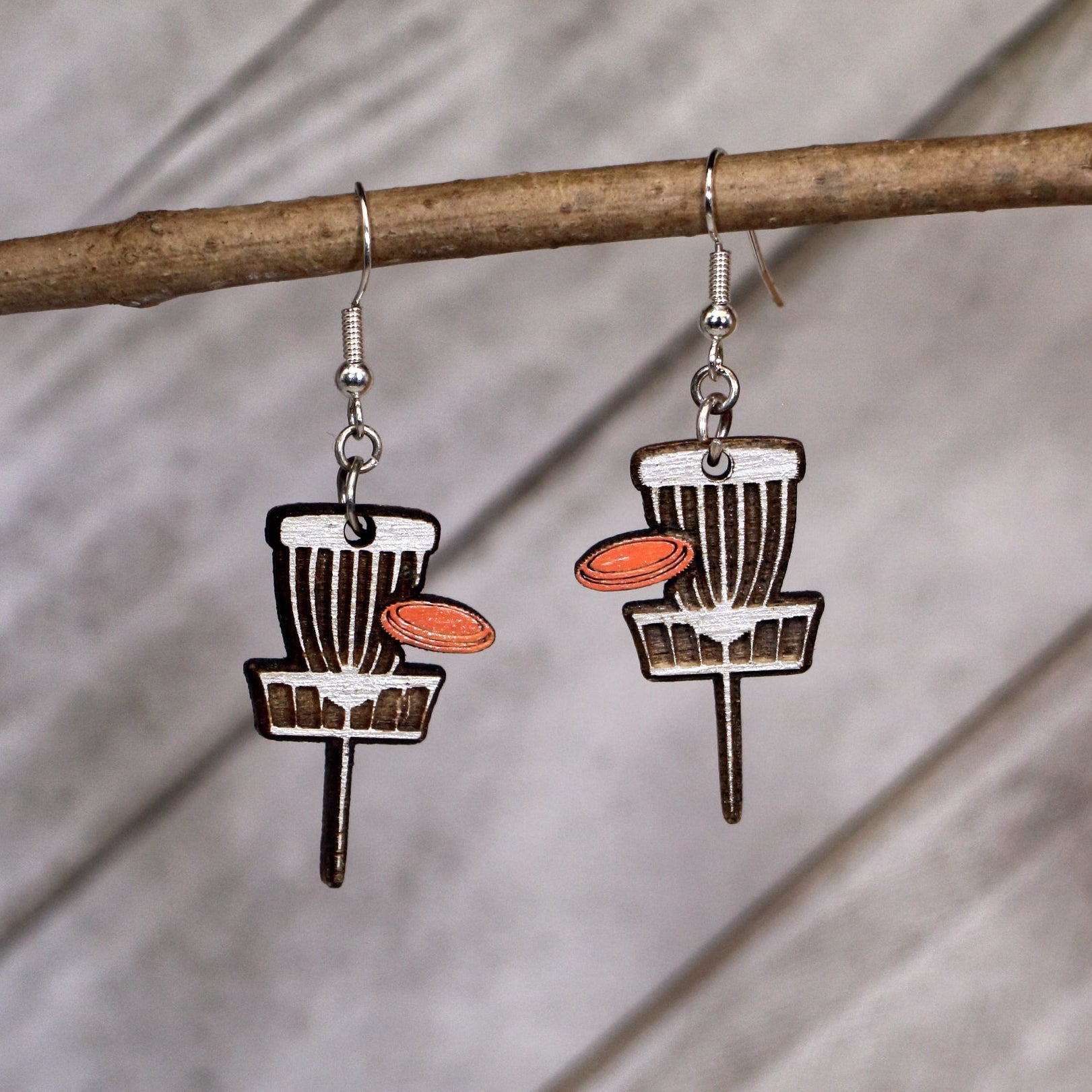 Disc Golf Basket Wooden Dangle Earrings | Disc Golf Jewelry Gift detail view by Cate's Concepts, LLC