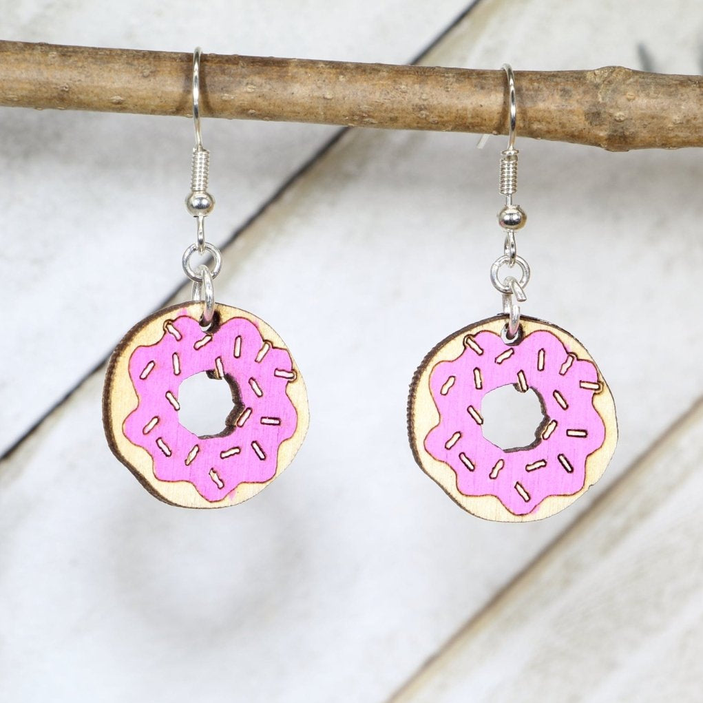 Donut Wooden Earrings | Funny Food Lover Jewelry by Cate's Concepts, LLC, handmade jewelry main product photo