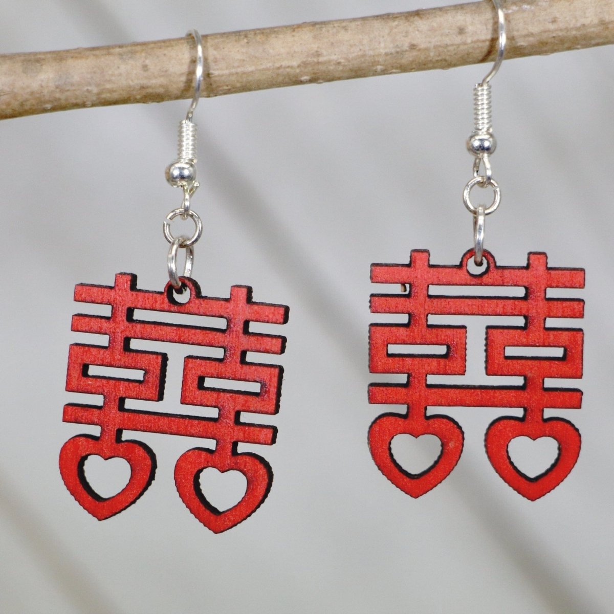 Double Happiness Heart Wooden Earrings | Chinese Wedding Love Jewelry by Cate's Concepts, LLC