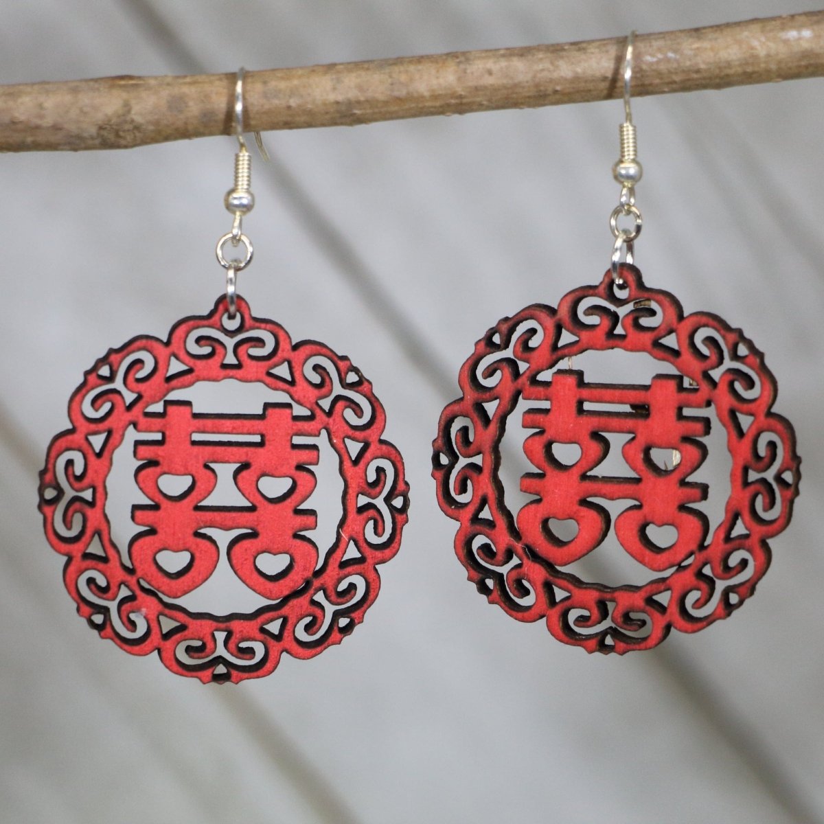 Double Happiness Symbol Wooden Earrings | Chinese Wedding Jewelry