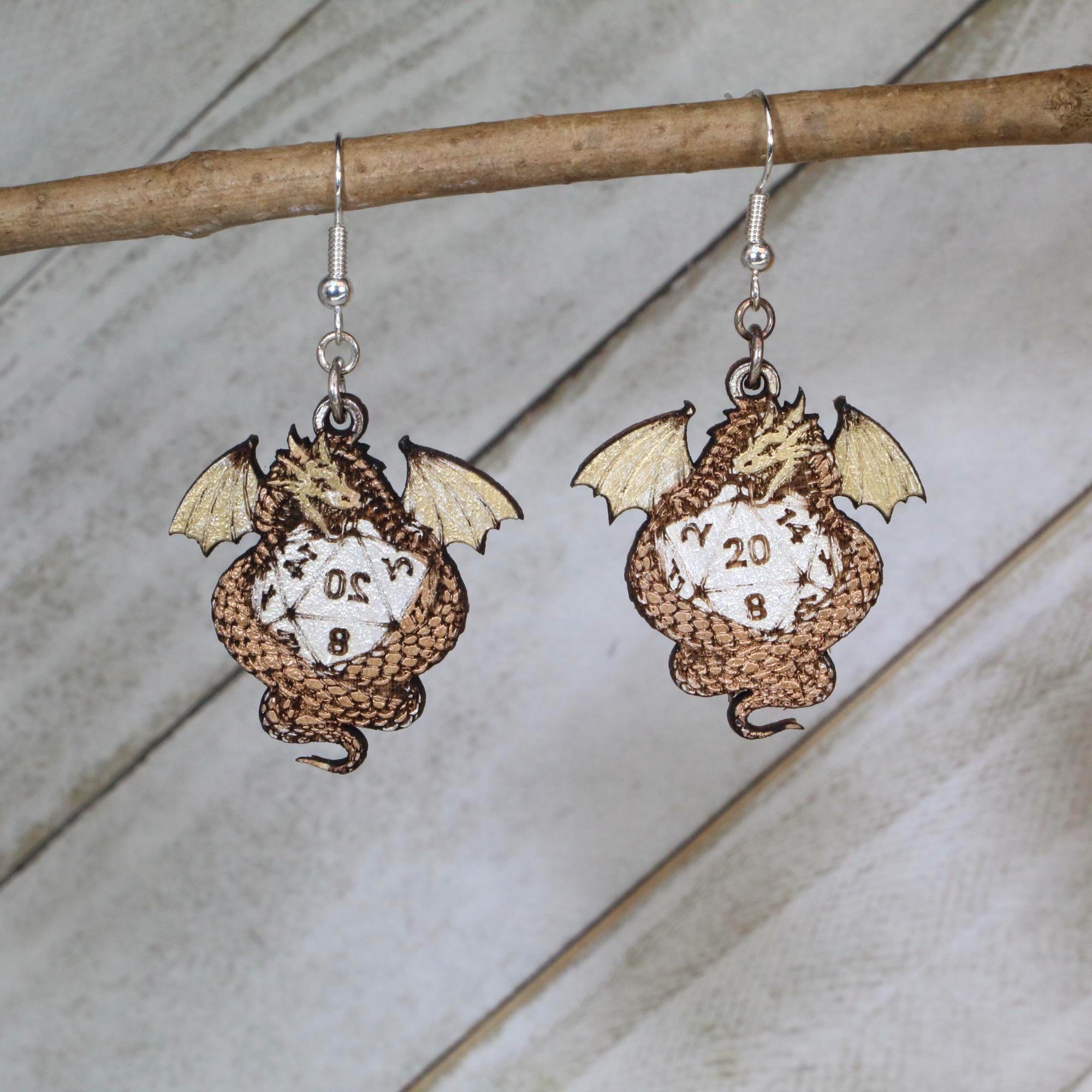 Dragon D20 Wooden Earrings | Dungeons & Dragons Dice Jewelry by Cate's Concepts, LLC