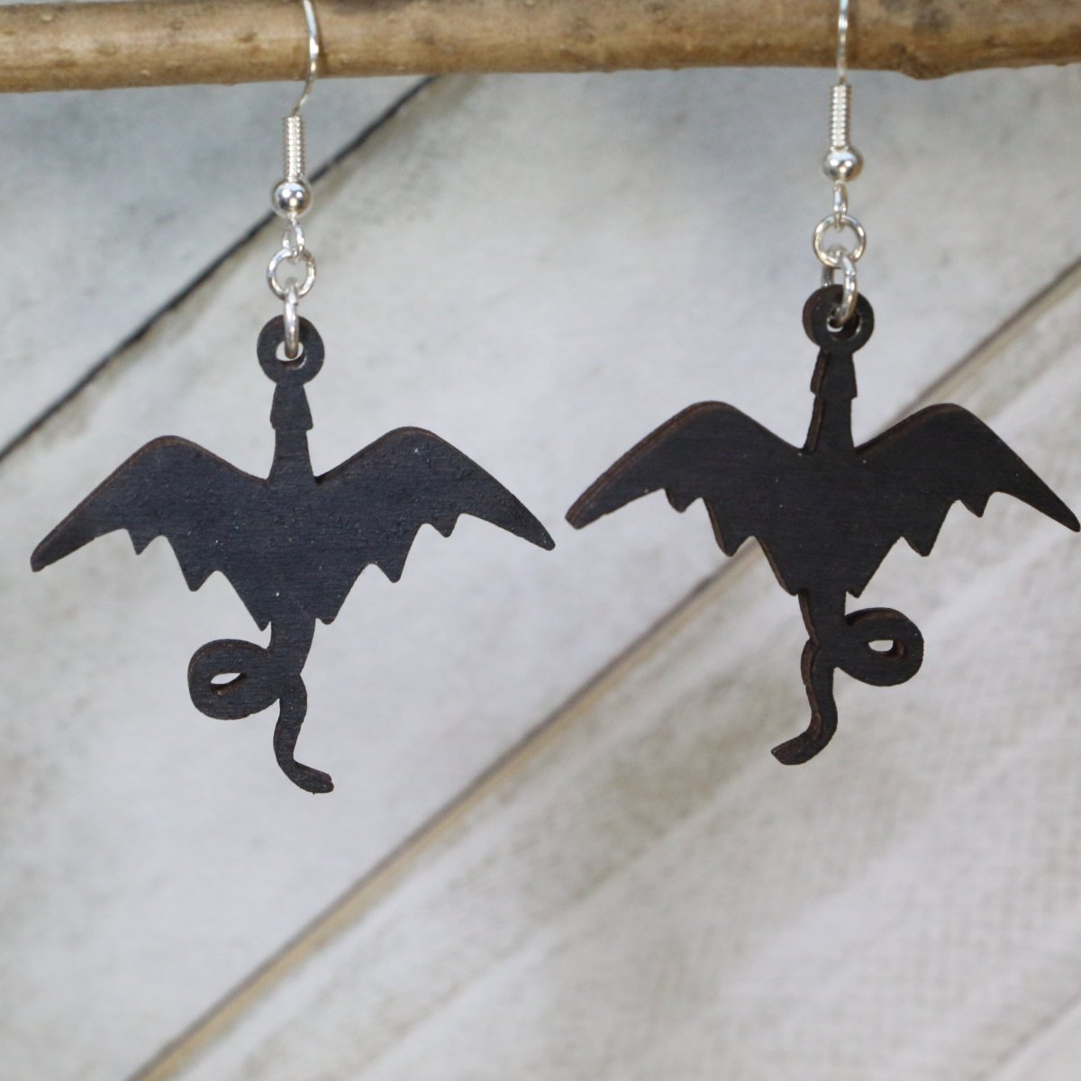 Dragon Silhouette Wooden Dangle Earrings | Fantasy Jewelry by Cate's Concepts, LLC