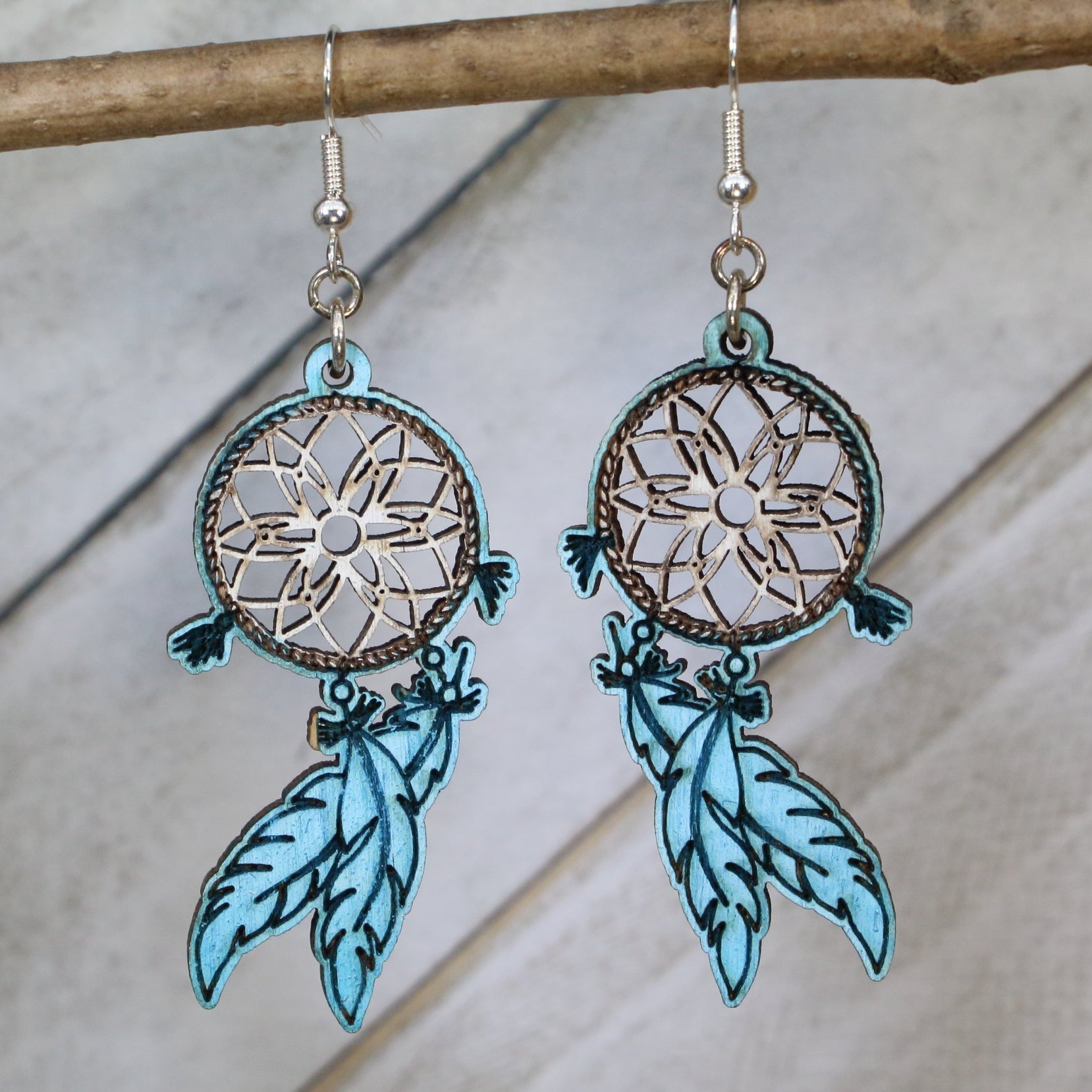 Dreamcatcher Wooden Dangle Earrings | Boho Feather Jewelry by Cate's Concepts, LLC, handmade jewelry main product photo