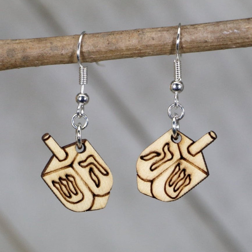 Dreidel Wooden Dangle Earrings | Hanukkah Holiday Earrings detail view by Cate's Concepts, LLC