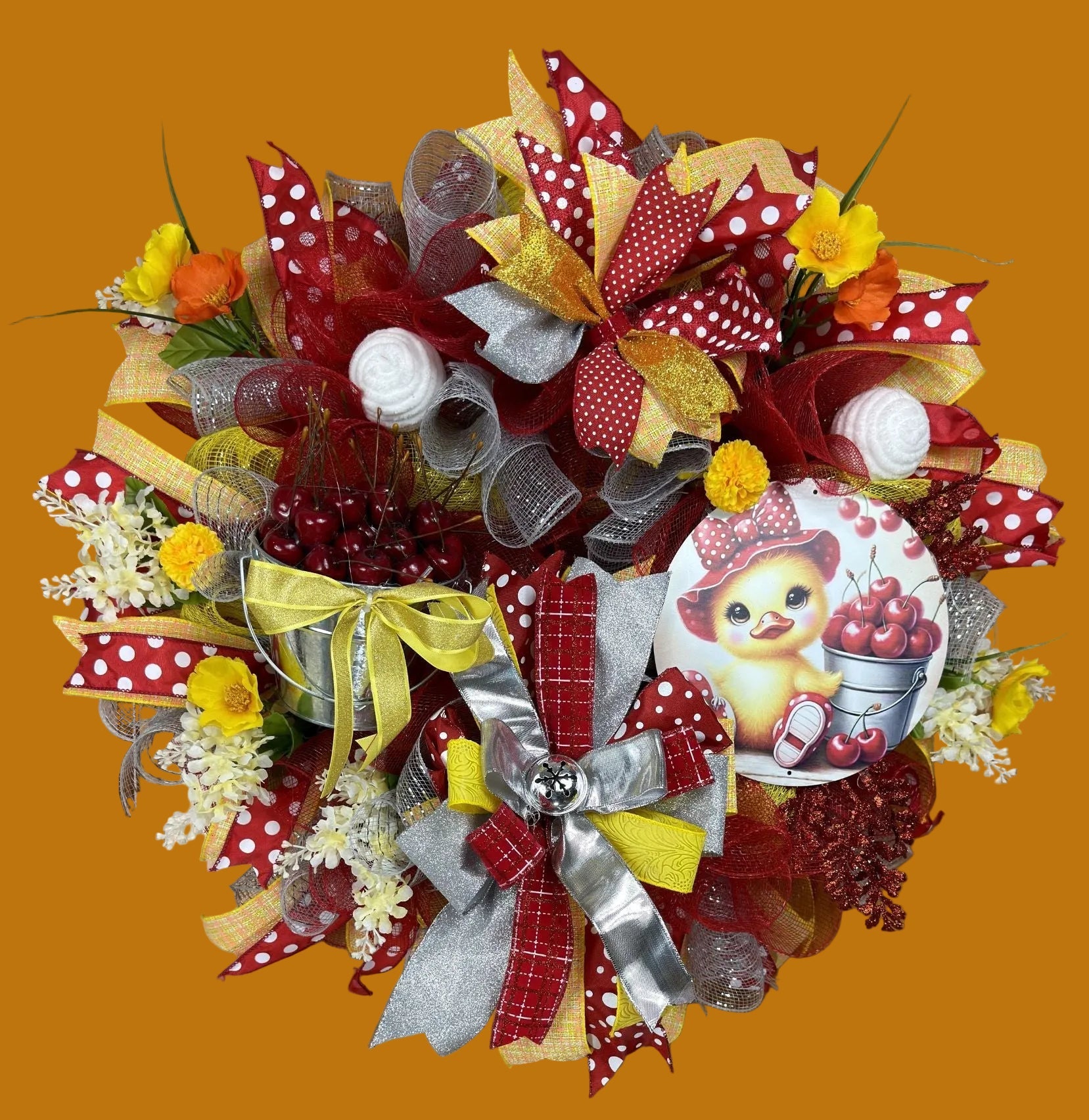 Cherry and duckling summer wreath detail, view 4