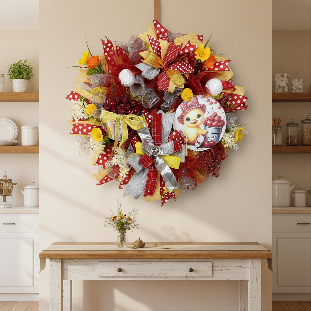 Cherry and duckling summer wreath detail, view 3